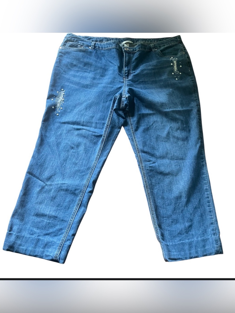 CJ Banks 24W Plus Size Jeans Blue Distressed Beaded Stretch Straight Leg 26”